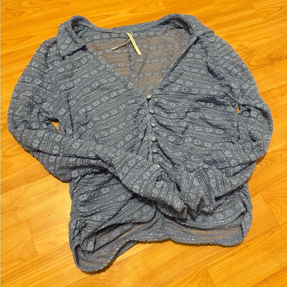 Blue button up flower pattern sheer lace too